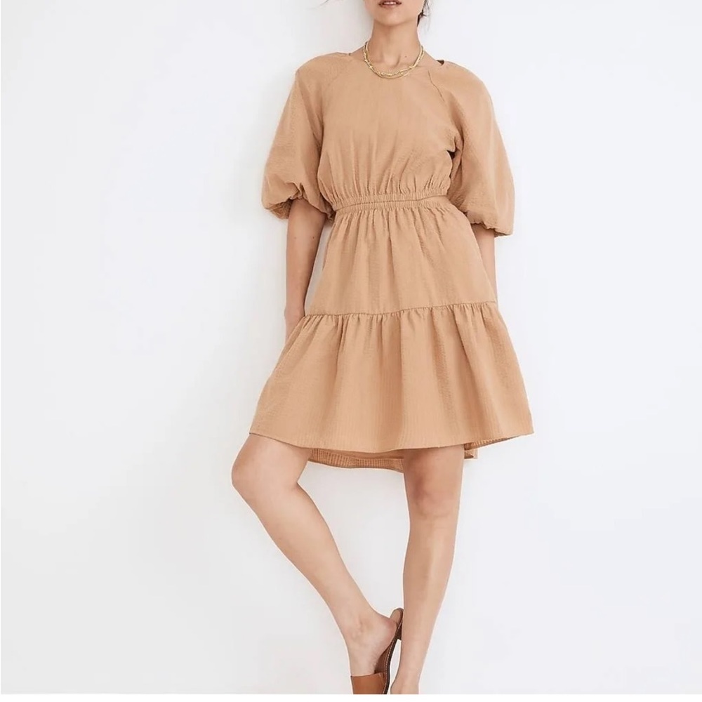 Madewell Tan Tiered Puff-Sleeve Mini Dress